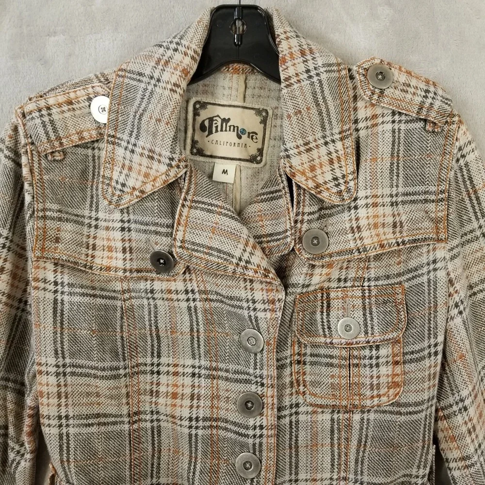 Fillmore Jacket Medium Brown Plaid 100% Linen Belted 70's Pockets Hippie‎ Retro